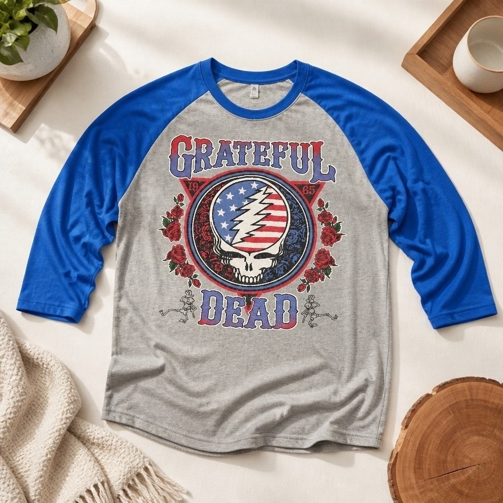 GRATEFUL DEAD RAGLAN 3/4 SLEEVE GRAY BLUE GRAPHIC T-SHIRT